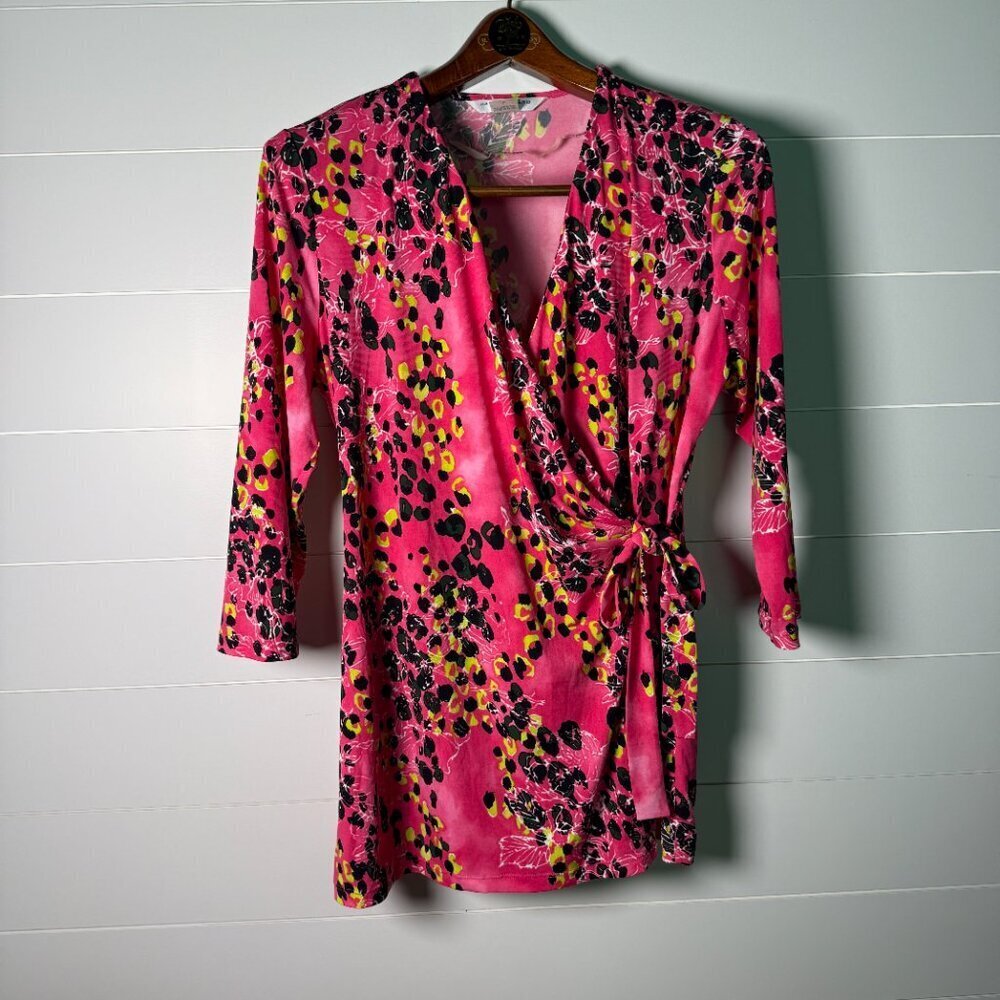 Peter Nygard Wrap Blouse Tunic Top Resort Size Large Pink Yellow